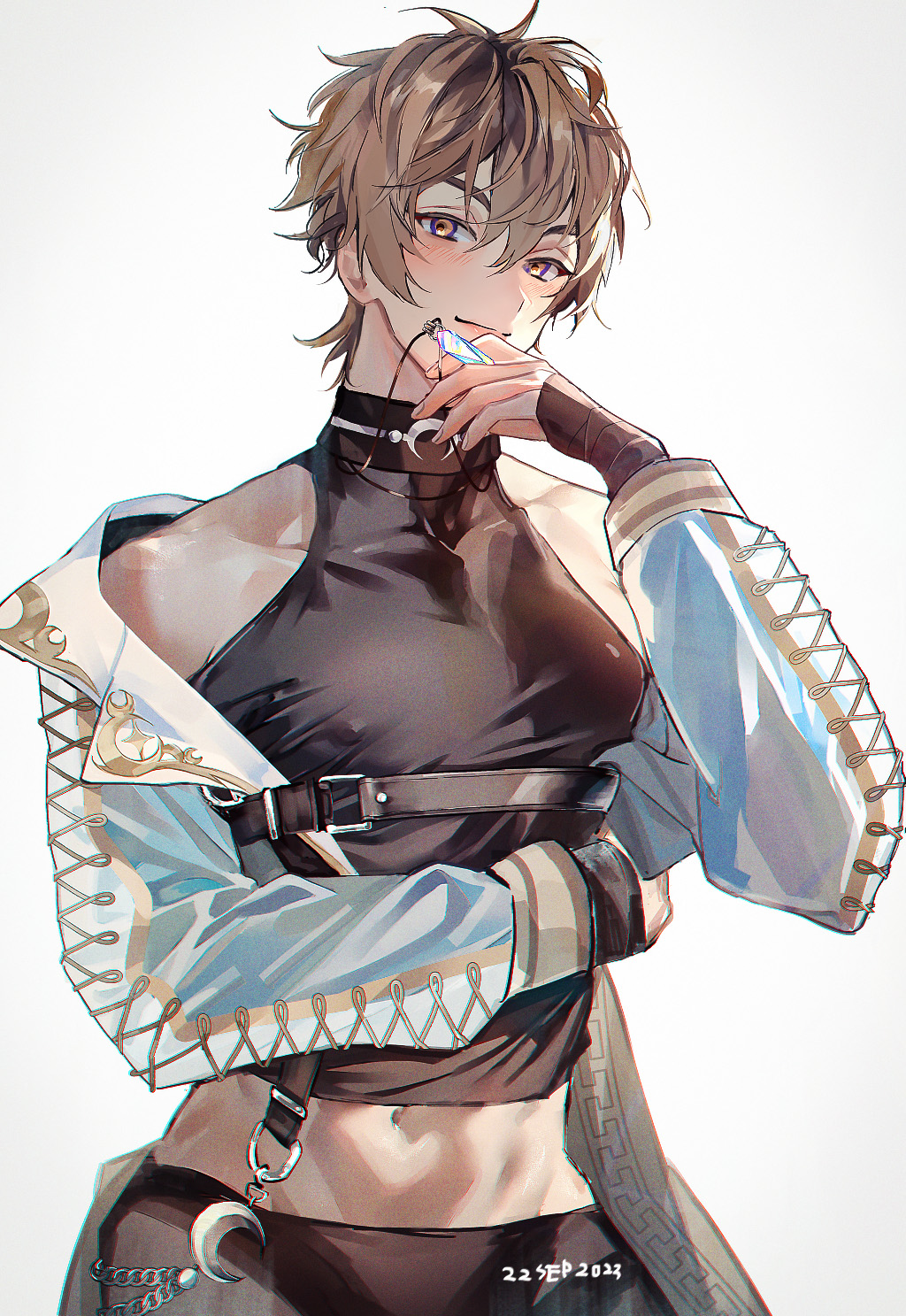 1boy, antenna_hair, bare_shoulders, belt, black_belt, black_collar, black_pants, black_shirt