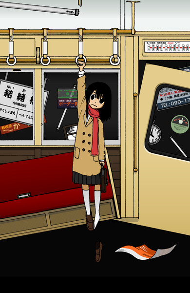 1girl, black_eyes, black_hair, coat, female_focus, hand_grip, hanging, holding_hand_grip