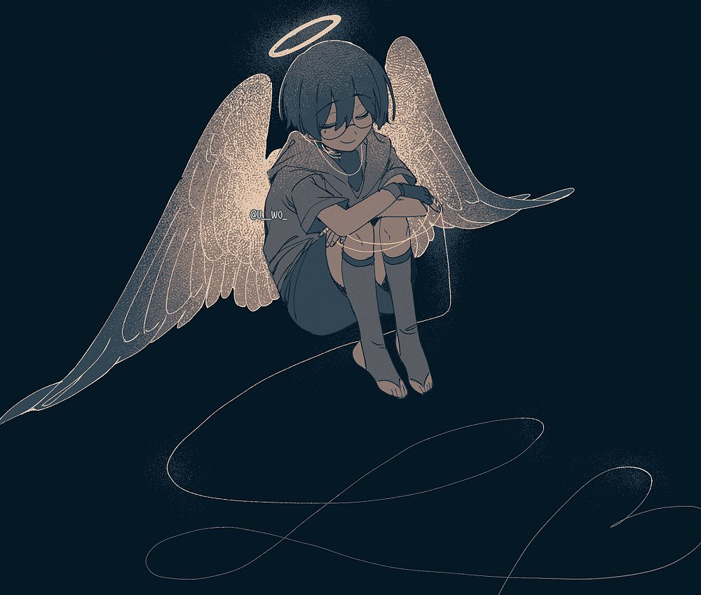 1boy, alternate_costume, angel_wings, arms_on_knees, black_background, bridal_legwear, carbuncly, casual