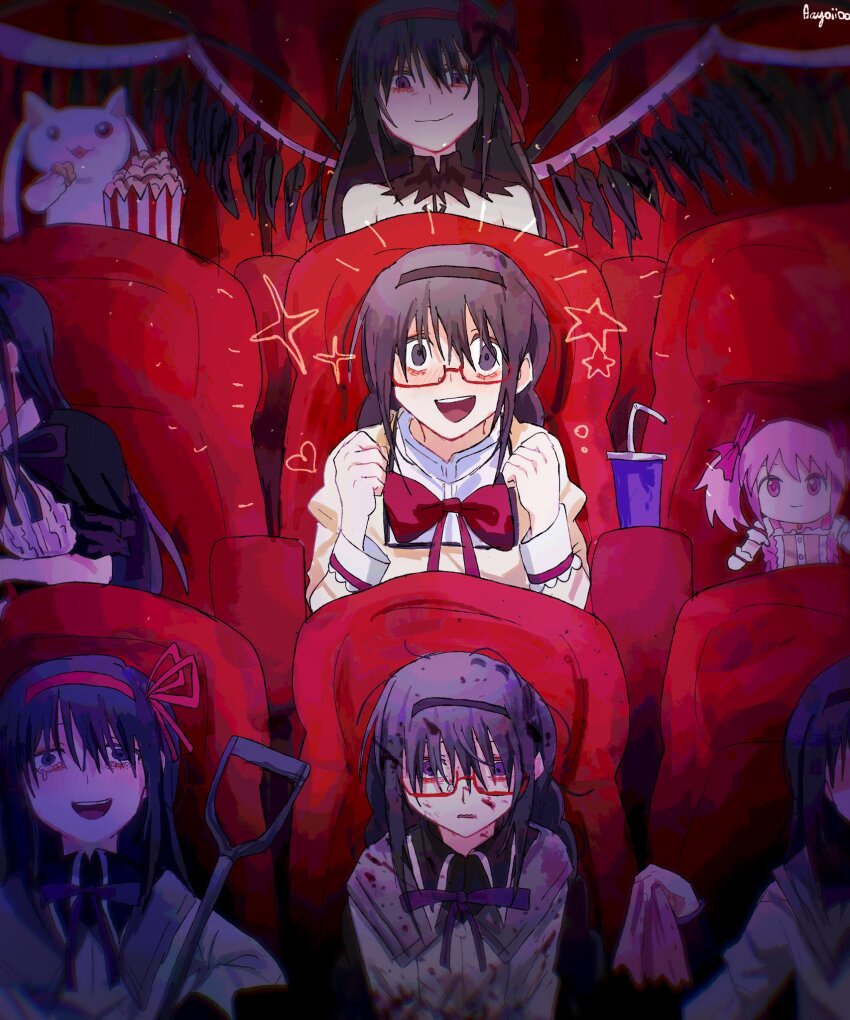 aayoii_00, akemi_homura, akemi_homura_(magical_girl), akuma_homura, black_hair, blood, blood_on_face, character_doll, clone, crying, doll, eating, excited, food, glasses, highres, hime_cut, kaname_madoka, kaname_madoka_(magical_girl), kyubey, long_hair, mahou_shoujo_madoka_magica, mahou_shoujo_madoka_magica:_hangyaku_no_monogatari, mitakihara_school_uniform, movie_theater, multiple_persona, pink_hair, popcorn, school_uniform, shovel, smile, sparkle, stuffed_toy, very_long_hair