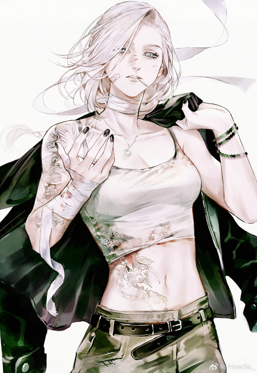 1girl, absurdres, arm_tattoo, bandaged_neck, bandaged_wrist, bandages, bandaid, bandaid_on_face