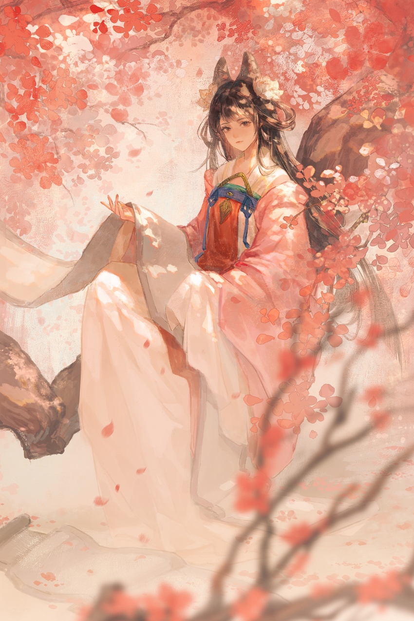 1girl, absurdres, art_relay, artist_collaboration, black_eyes, black_hair, branch, chinese_clothes