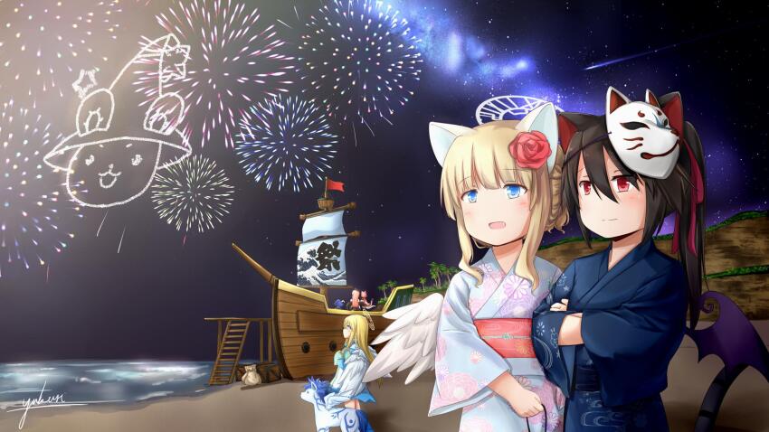 3girls, alternate_costume, angel_wings, animal_ears, bat_wings, beach, black_hair, blonde_hair, blue_dress, blue_eyes, bow, cat_ears, cat_girl, cat_tail, dress, emil_chronicle_online, fireworks, flower, hair_flower, hair_ornament, halo, highres, japanese_clothes, kimono, mask, mask_on_head, multiple_girls, nekomata_kuro, nekomata_shiro, night, pegasus, ponytail, red_bow, red_eyes, ship, sky, tail, tita_(eco), watercraft, wings, yukata, yukuri