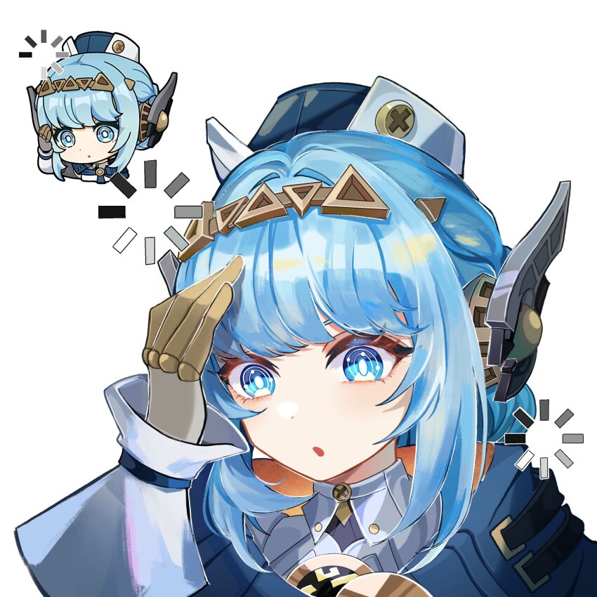 1girl, blue_eyes, blue_hair, bright_pupils, chibi, genshin_impact, hairband, hat, highres, ineffa_(genshin_impact), multiple_views, open_mouth, portrait, simple_background, viviwi, white_background, white_pupils, wrist_cuffs