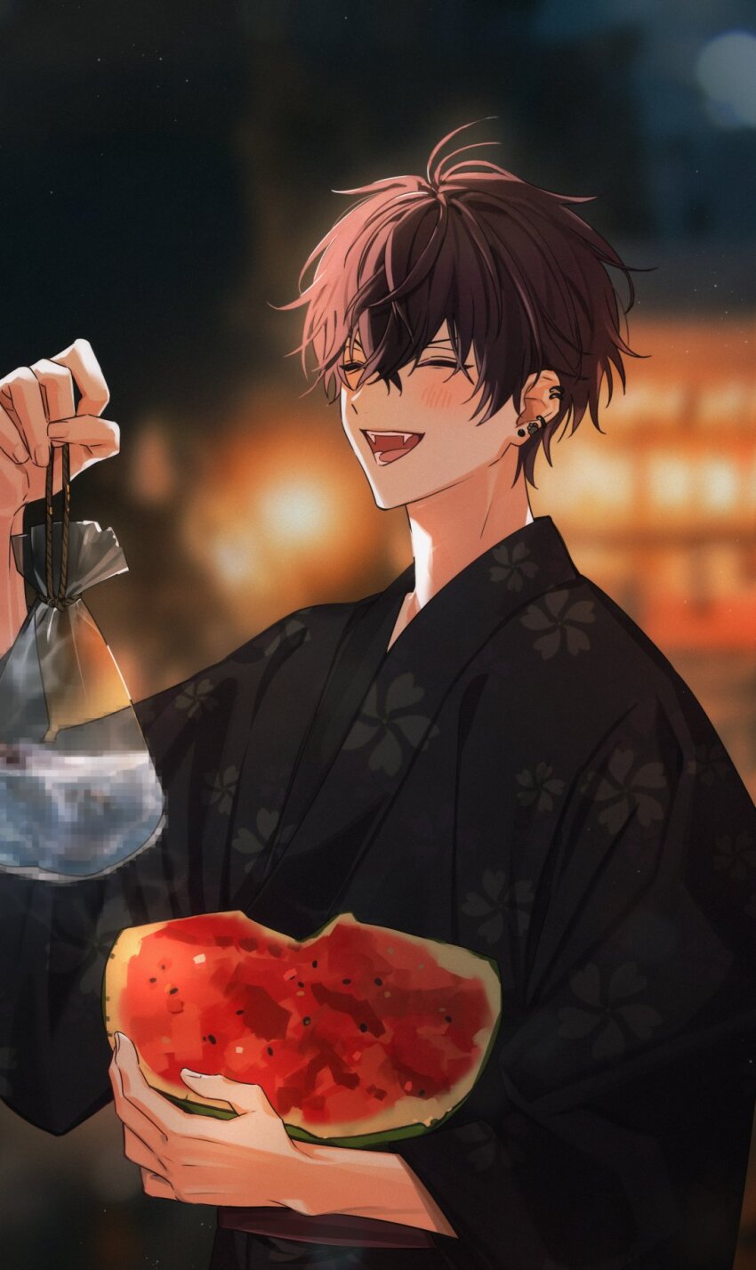 1boy, :d, ^_^, antenna_hair, bag, bagged_fish, black_hair, black_kimono