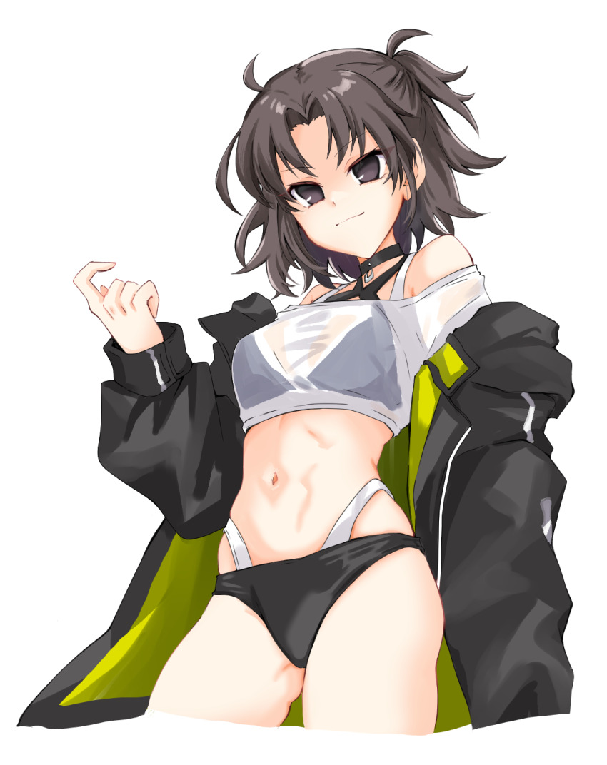 1girl, bare_shoulders, bikini, black_bikini, black_jacket, breasts, brown_hair, fate/grand_order