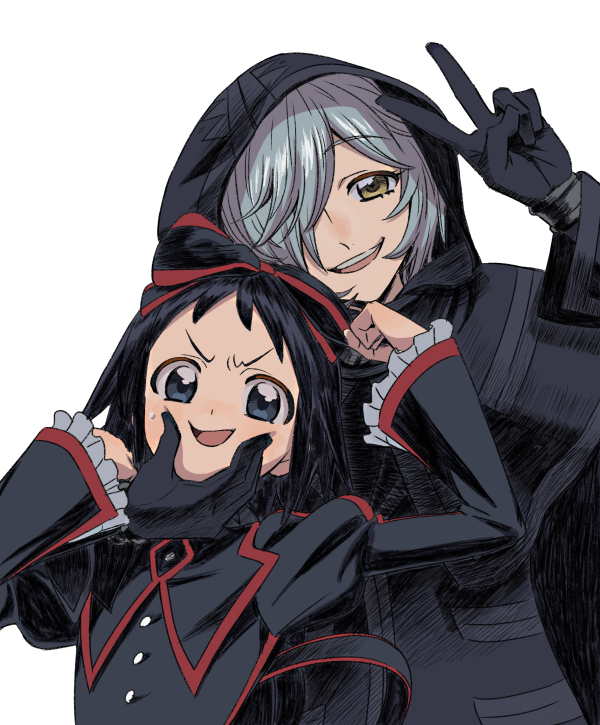 2girls, black_cape, black_eyes, black_gloves, black_hair, bow, buttons, cape