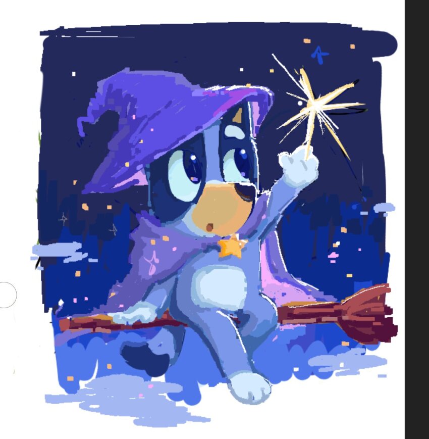 baowenbei0715, bluey, bluey_heeler, broom, broom_riding, cloud, cloudy_sky, hat, night, purple_hat, sidesaddle, sky, star_(sky), star_(symbol), witch, witch_hat
