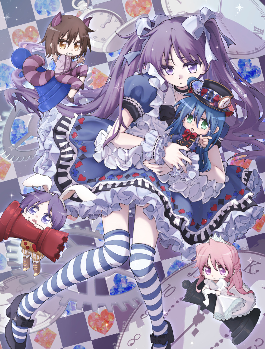 5girls, absurdres, alice's_adventures_in_wonderland, alice_(alice_in_wonderland), animal_ears, blue_dress, blue_hair, bow