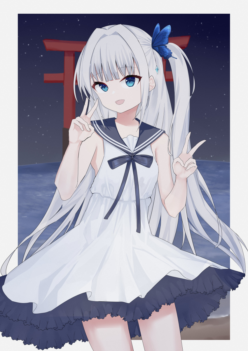 1girl, :d, absurdres, bare_arms, bare_shoulders, black_bow, black_bowtie, black_sailor_collar