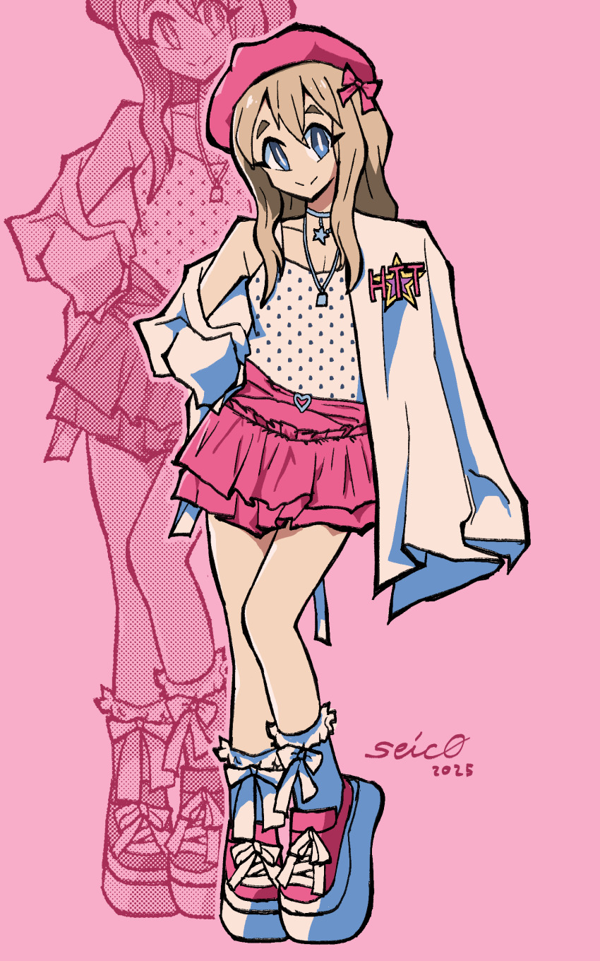 1girl, 2025, absurdres, artist_name, beret, blonde_hair, blue_eyes, bow