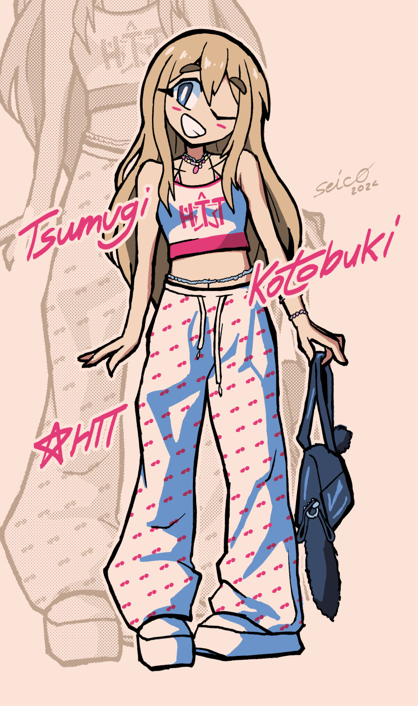 1girl, 2024, absurdres, artist_name, bag, blonde_hair, blue_eyes, blush