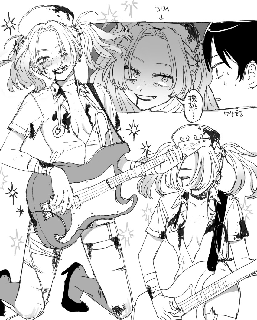 2girls, :d, bandaged_arm, bandaged_leg, bandaged_neck, bandages, bass_guitar, blood
