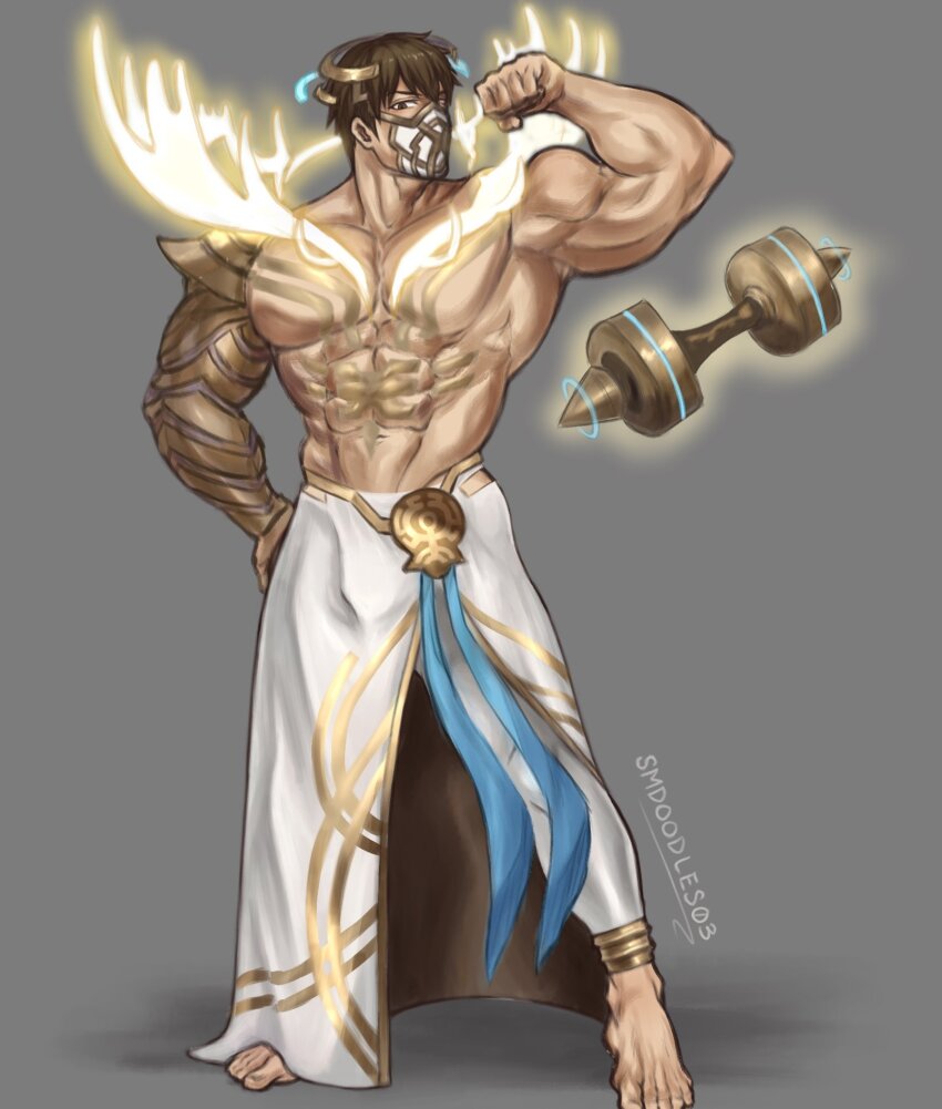 1boy, abs, bara, barefoot, biceps, brown_eyes, brown_hair, commentary