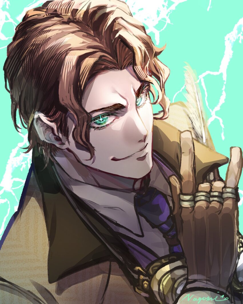1boy, \n/, brown_hair, collared_coat, curtained_hair, electricity, eyelashes, gloves, glowing, glowing_eyes, goggles, goggles_around_neck, green_eyes, highres, hishui_prpr, jewelry, looking_at_viewer, multiple_rings, necktie, nikola_tesla_(shuumatsu_no_valkyrie), purple_necktie, ring, shirt, shuumatsu_no_valkyrie, signature, smile, solo, vest, white_shirt