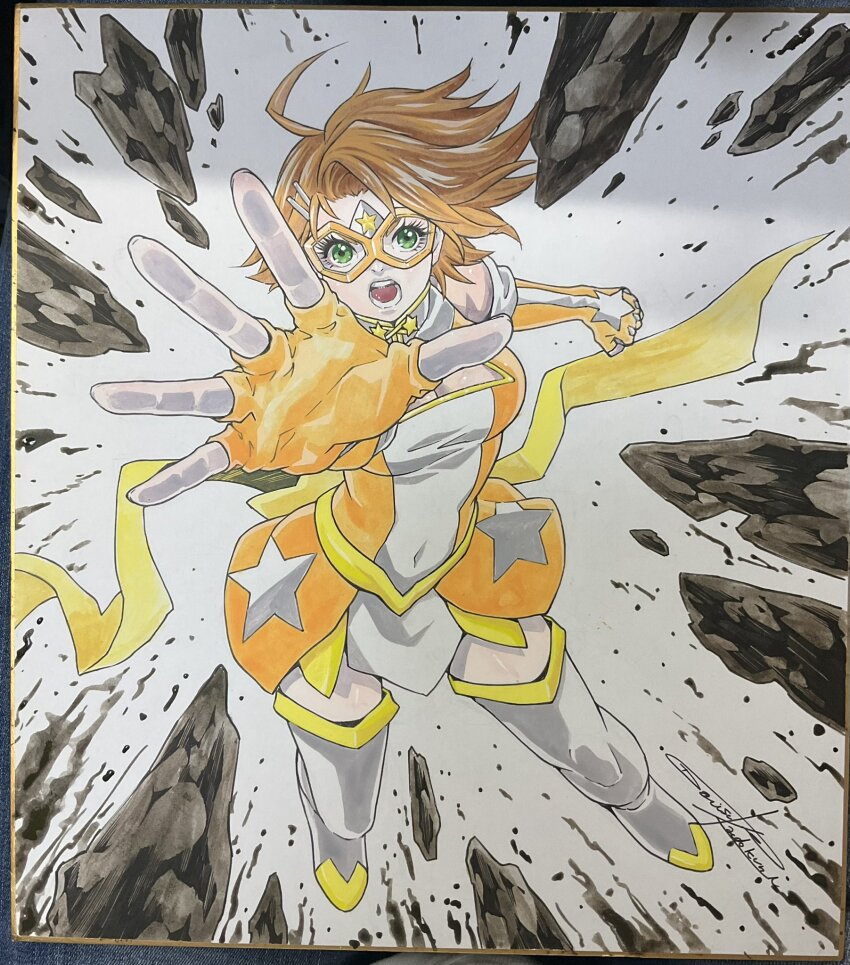 1girl, boots, breasts, brown_hair, cleavage, dress, eyelashes, fingerless_gloves