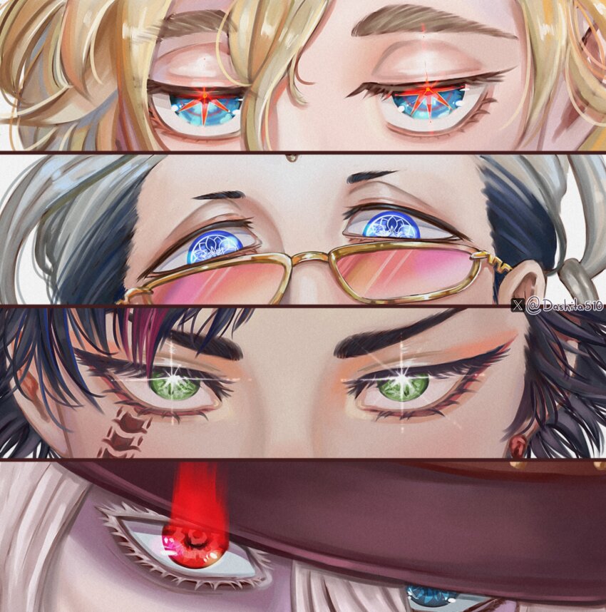 4boys, absurdres, adam_(shuumatsu_no_valkyrie), black_hair, blonde_hair, blue_eyes, buddha_(shuumatsu_no_valkyrie), dashita510, earrings, eye_focus, eyelashes, facial_mark, facial_tattoo, forehead_mark, glowing, glowing_eye, green_eyes, grey_hair, hair_between_eyes, half-closed_eyes, hat, heterochromia, highres, jack_the_ripper_(shuumatsu_no_valkyrie), jewelry, looking_at_viewer, male_focus, multicolored_eyes, multicolored_hair, multiple_boys, pink_hair, qin_shi_huang_(shuumatsu_no_valkyrie), red_eyes, short_eyebrows, shuumatsu_no_valkyrie, single_earring, tattoo, tinted_eyewear, twitter_username