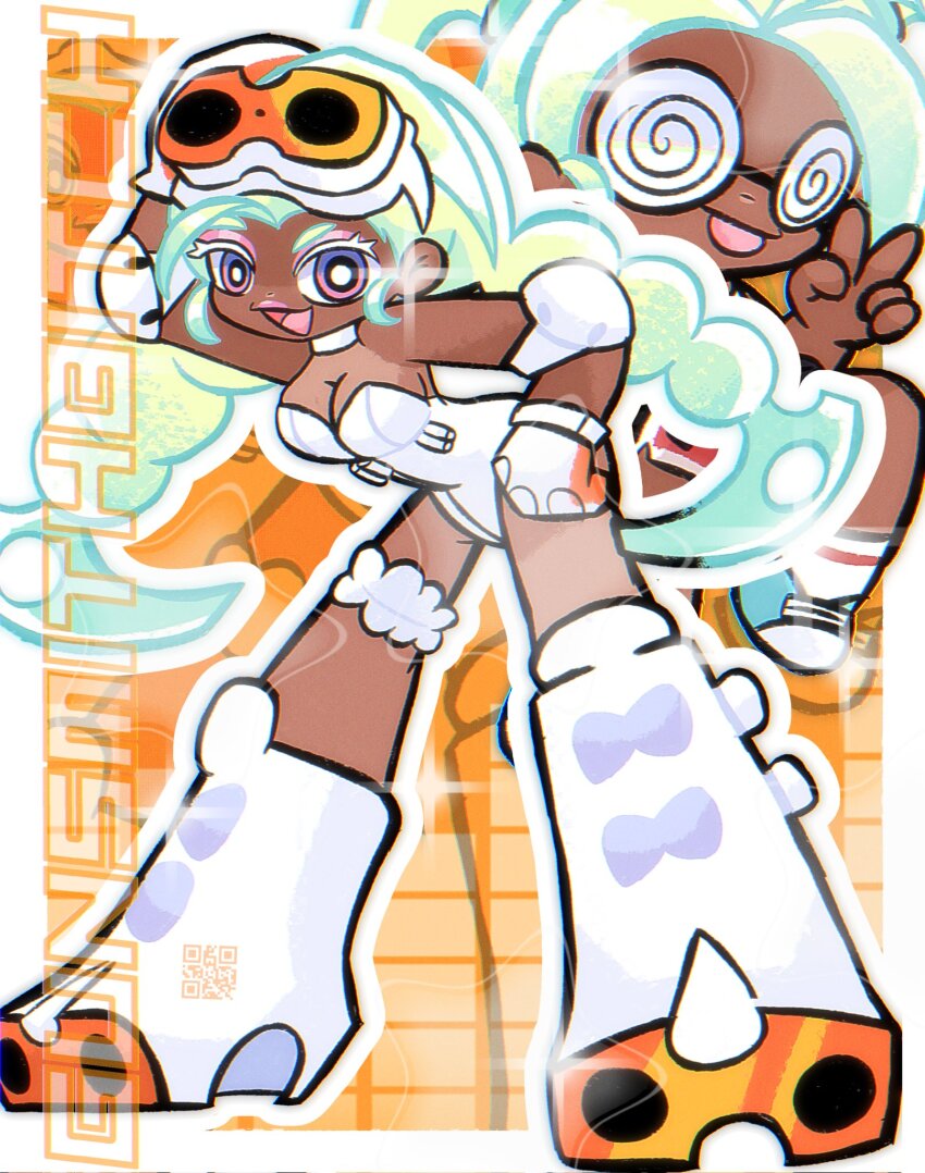 boots, cable_bun, colored_eyelashes, dark-skinned_female, dark_skin, elbow_pads, gloves, goggles, goggles_on_head, gradient_hair, green_hair, gunsmith_bitch_(psg), highres, leotard, multicolored_hair, panty_&amp;_stocking_with_garterbelt, purple_eyes, white_eyelashes