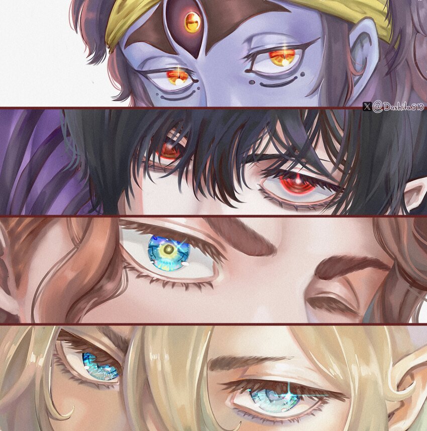 4boys, absurdres, beelzebub_(shuumatsu_no_valkyrie), black_hair, black_sclera, blue_eyes, blue_skin, brown_hair