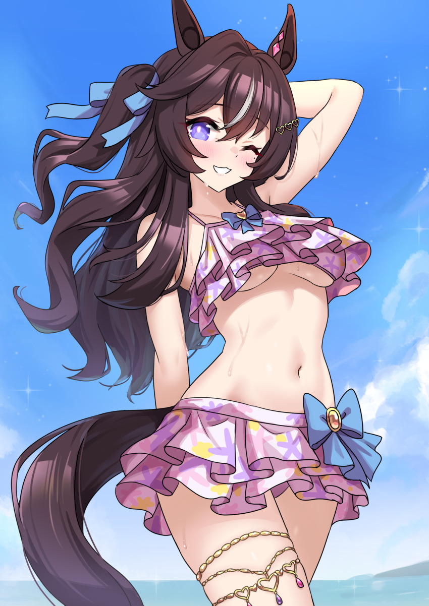 1girl, animal_ears, arm_behind_back, arm_behind_head, arm_up, bikini, bikini_skirt, black_hair