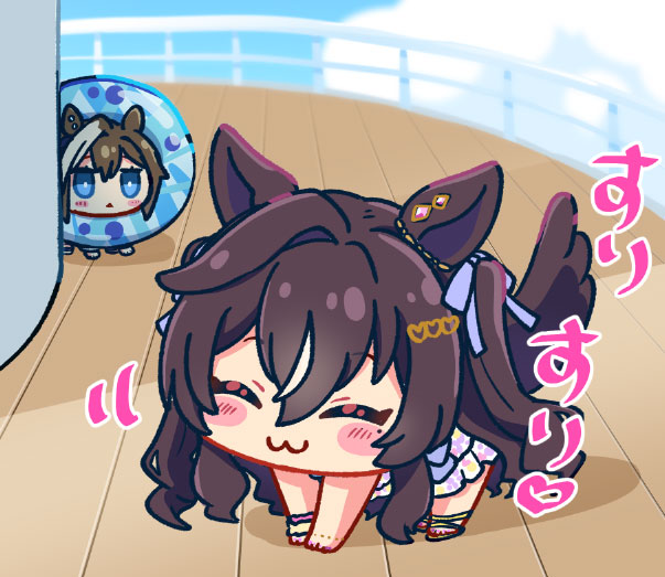 2girls, :3, animal_ears, blue_eyes, blush_stickers, brown_hair, cheval_grand_(summer_calm_navy_drop)_(umamusume), cheval_grand_(umamusume), chibi, horse_ears, horse_girl, horse_tail, kni, multiple_girls, swimsuit, tail, triangle_mouth, umamusume, vivlos_(eclat_d'ete)_(umamusume), vivlos_(umamusume)