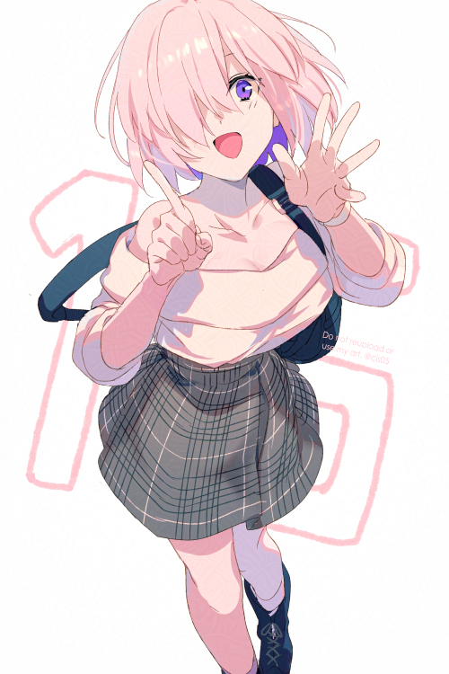 1girl, backpack, bag, bare_shoulders, blush, breasts, cleavage, collarbone, echo_(circa), fate/grand_order, fate_(series), grey_skirt, hair_over_one_eye, large_breasts, long_sleeves, looking_at_viewer, mash_kyrielight, mash_kyrielight_(over_the_same_sky), off_shoulder, open_mouth, pink_hair, purple_eyes, short_hair, skirt, smile, solo, sweater, watch, white_sweater, wristwatch