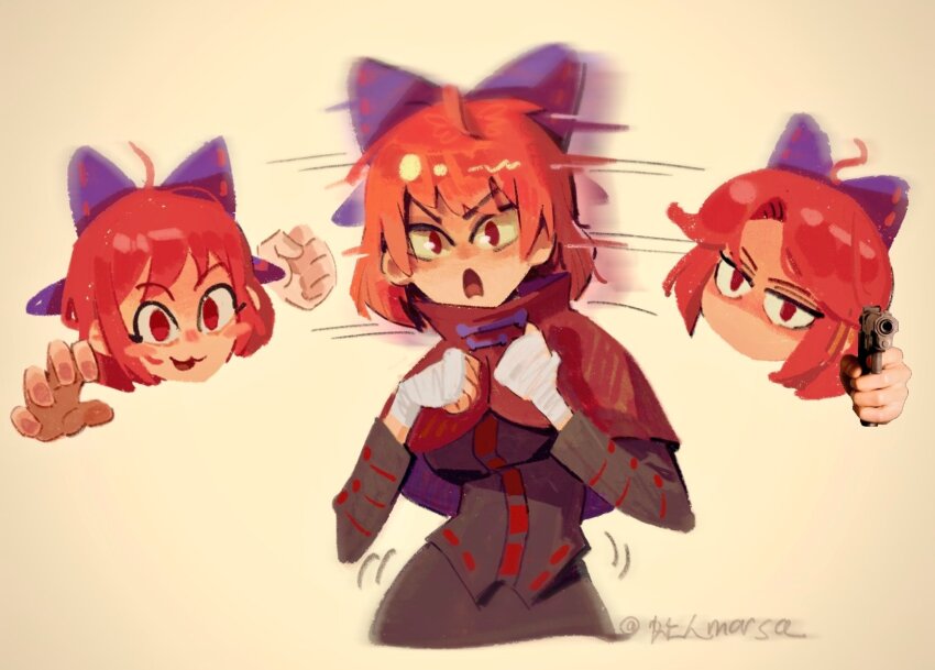 1girl, :3, ahoge, artist_name, bandaged_hand, bandages, black_shirt, black_skirt