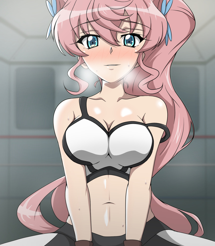 1girl, a_k_g_e_0325, between_breasts, blush, breasts, butterfly_hair_ornament, collarbone, crop_top