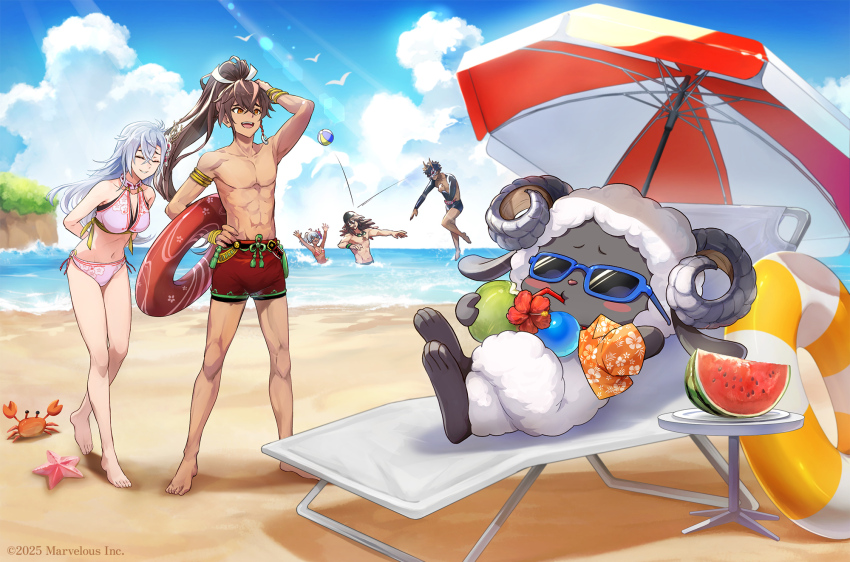 2girls, 3boys, arm_up, arms_up, artist_request, ball, bangle, beach