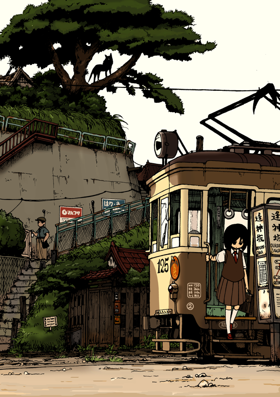 1boy, 1girl, bag, beret, black_hair, brown_skirt, building, chain-link_fence, fence, hat, house, kneehighs, necktie, original, outdoors, railing, road, satou_ikken, school_bag, school_uniform, shirt, shoes, shoulder_bag, sign, skirt, slice_of_life, socks, stairs, train, tree, vest, white_shirt, white_socks, wolf