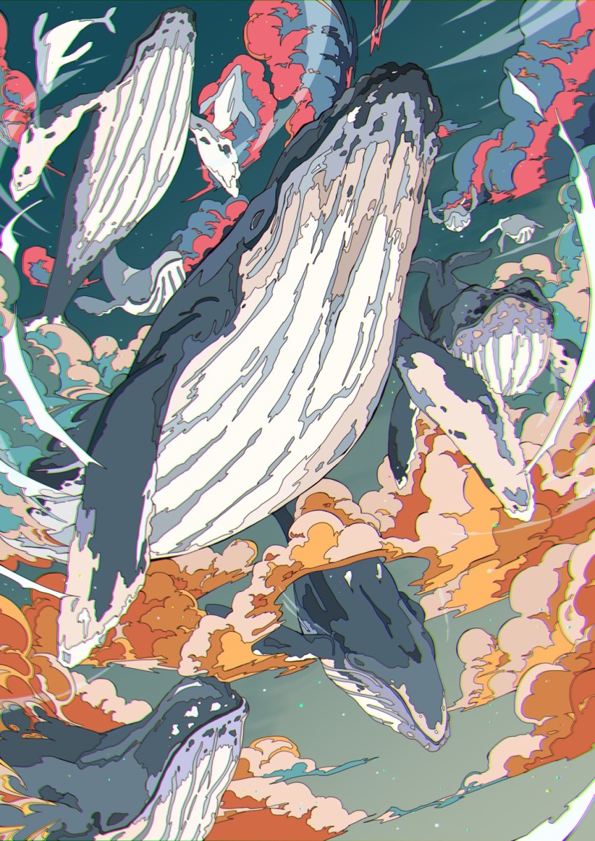 animal, animal_focus, chinese_commentary, chromatic_aberration, cloud, commentary_request, flying_whale, green_sky