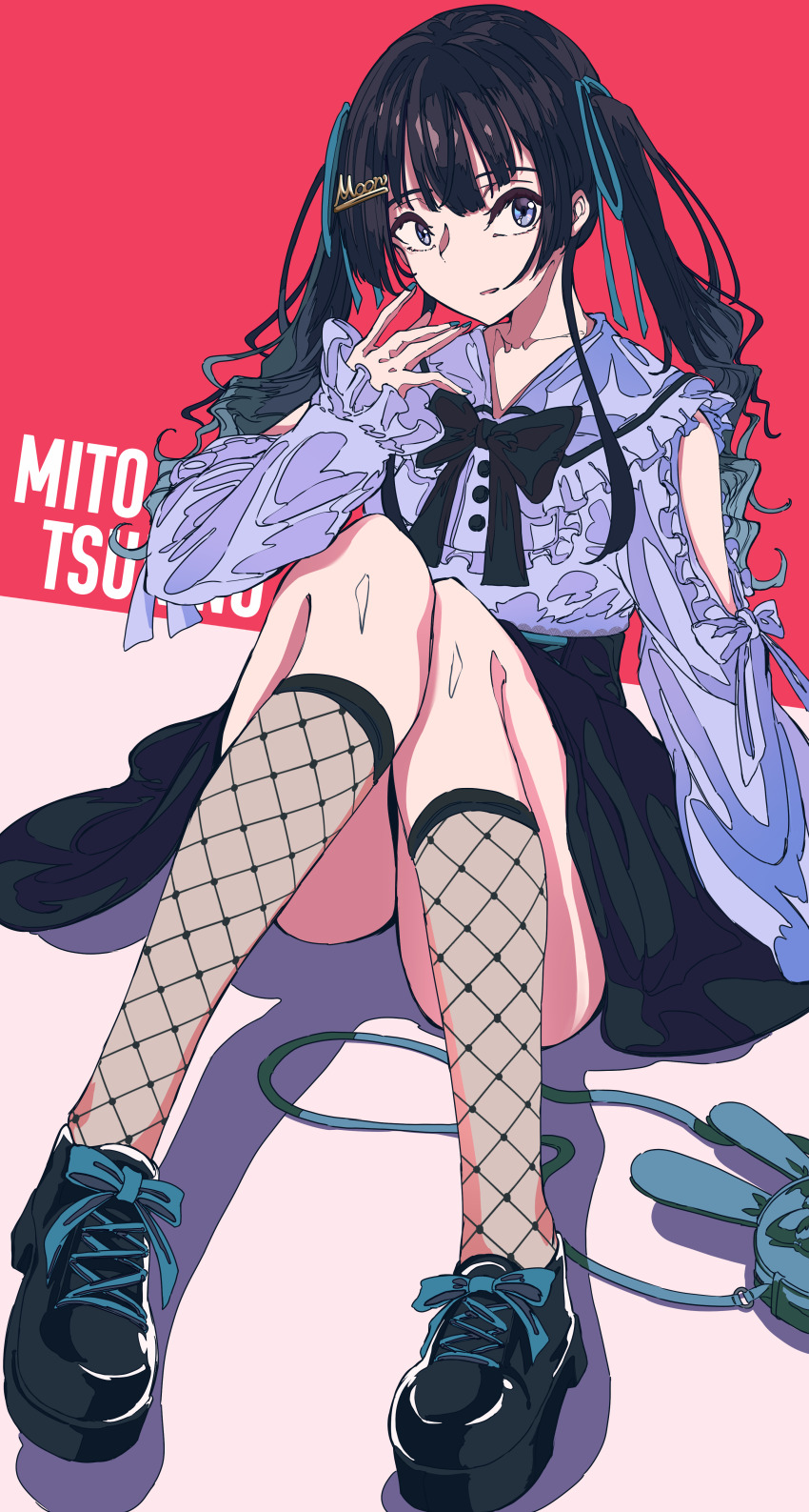 1girl, absurdres, aqua_bow, aqua_ribbon, arm_cutout, black_bow, black_bowtie, black_hair, black_shoes, black_skirt, block_heels, blue_shirt, bow, bowtie, character_name, clothing_cutout, commentary_request, fishnet_kneehighs, footwear_bow, frilled_shirt, frilled_sleeves, frills, grey_eyes, grey_nails, hair_ribbon, hand_up, high-waist_skirt, highres, kneehighs, knees_up, long_hair, long_sleeves, looking_at_viewer, nail_polish, nijisanji, parted_lips, red_background, ribbon, shadow, shirt, shoes, sitting, skirt, sleeve_bow, sleeves_past_wrists, socks, solo, tattsun_(ta_tsuki), text_hair_ornament, tsukino_mito, tsukino_mito_(jirai_kei), twintails, two-tone_background, virtual_youtuber, wavy_hair, white_background, wispy_bangs