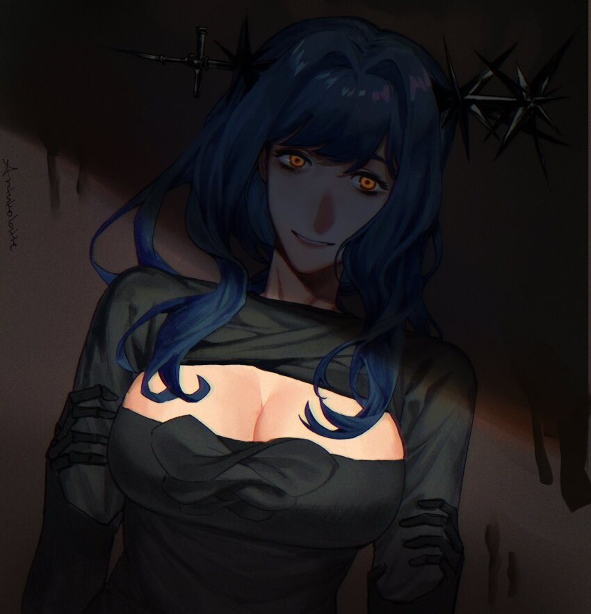 1girl, arcana_(reverse:1999), artukolatte, black_dress, blue_hair, breasts, cleavage, cleavage_cutout