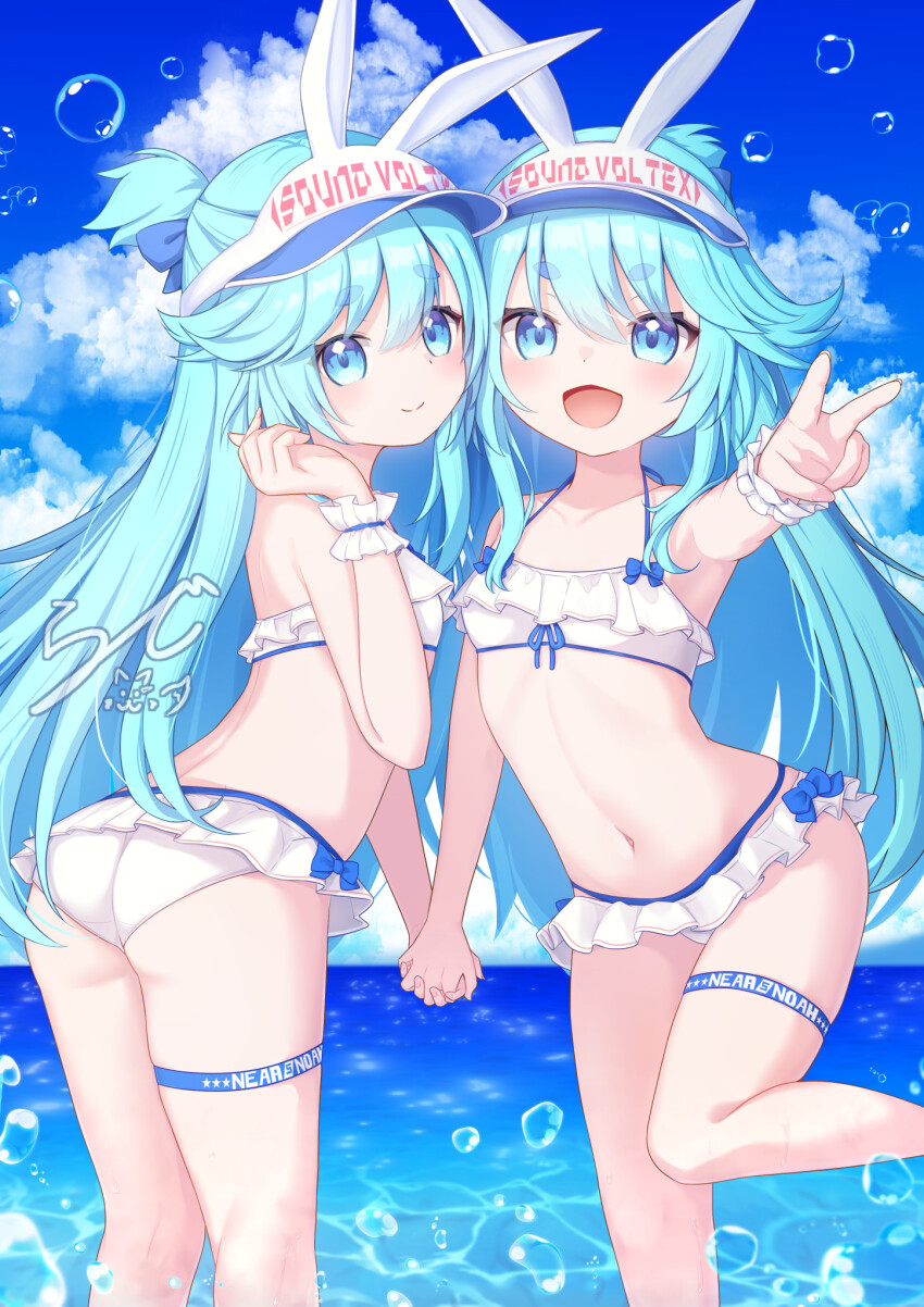 2girls, :d, animal_ears, ass, bare_shoulders, bemani, bikini, bikini_skirt