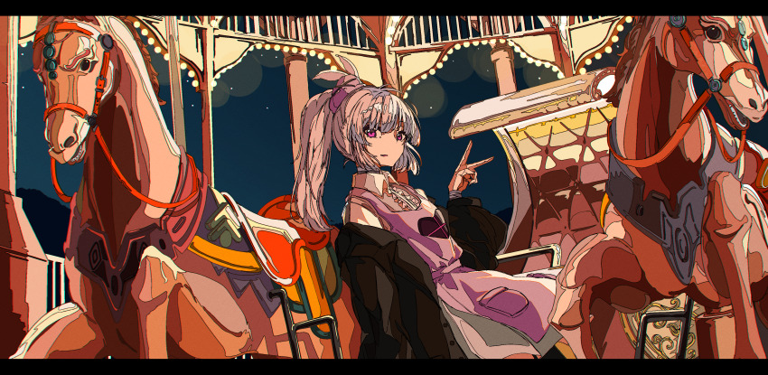 1girl, absurdres, apron, black_coat, carousel, center_frills, coat, collared_dress