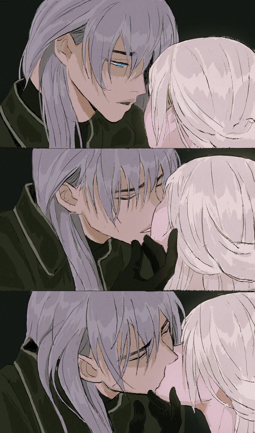 1boy, 1girl, absurdres, black_background, black_gloves, black_jacket, blonde_hair, blue_eyes