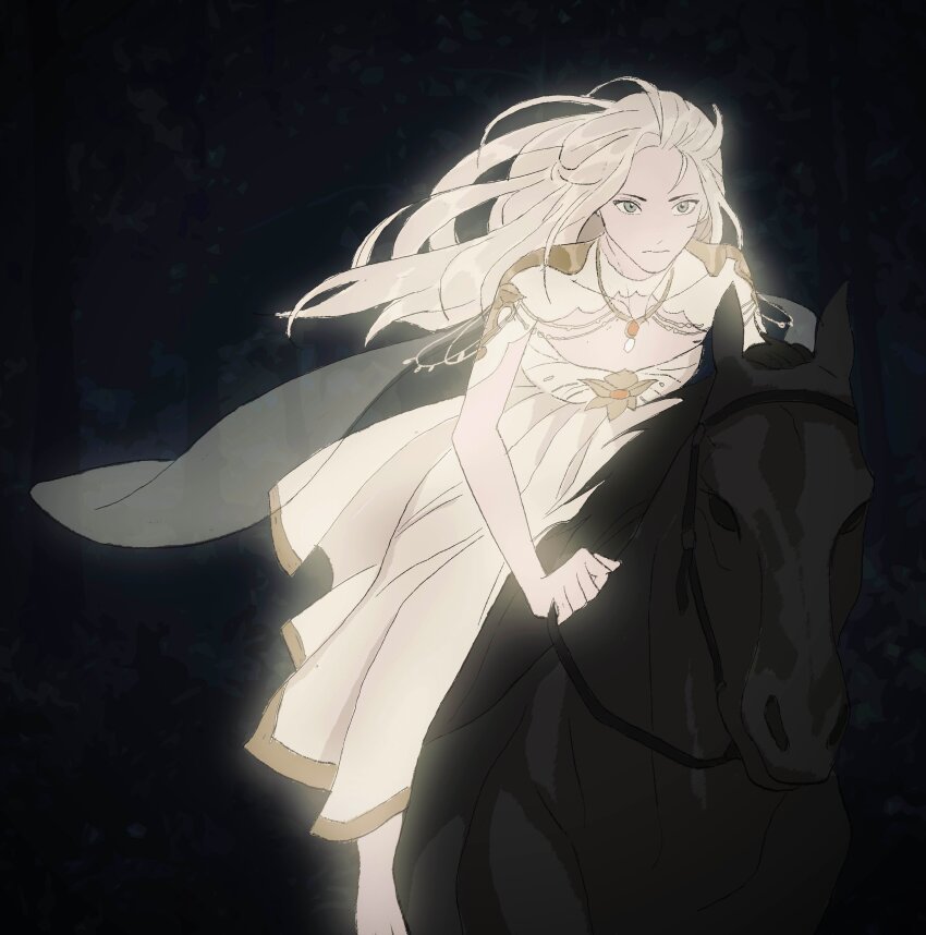 1girl, absurdres, barefoot, black_background, black_horse, blonde_hair, breasts, closed_mouth