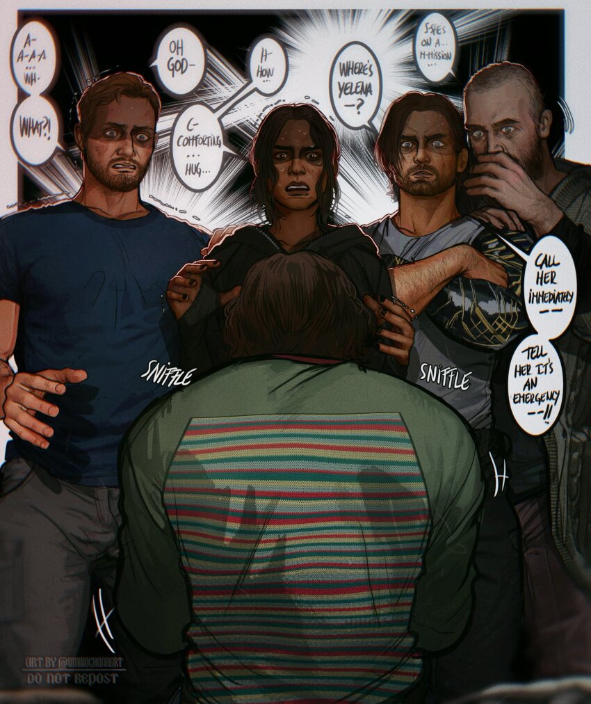 1girl, 4boys, artist_name, beard, blonde_hair, blue_eyes, blue_shirt, brown_hair