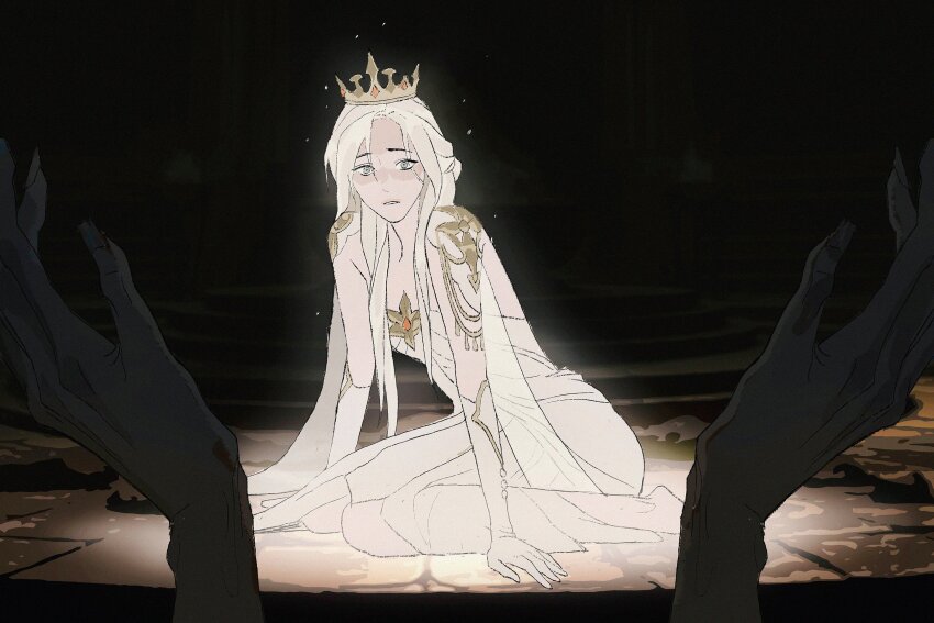 1girl, black_background, blonde_hair, breasts, crown, disembodied_hand, dress, gem