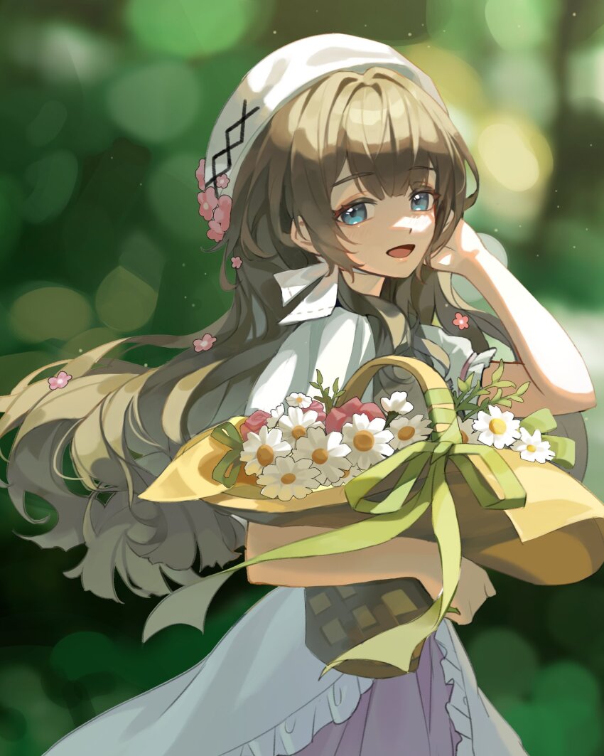 1girl, :d, basket, beret, blue_eyes, brown_hair, dress, flower
