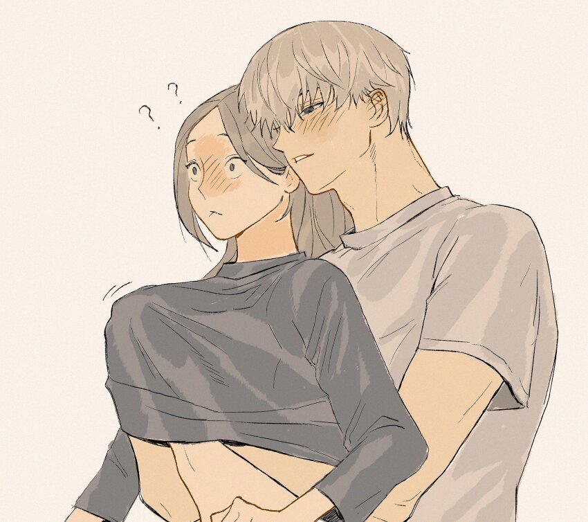 1boy, 1girl, ?, ??, black_shirt, blush, brown_hair, couple