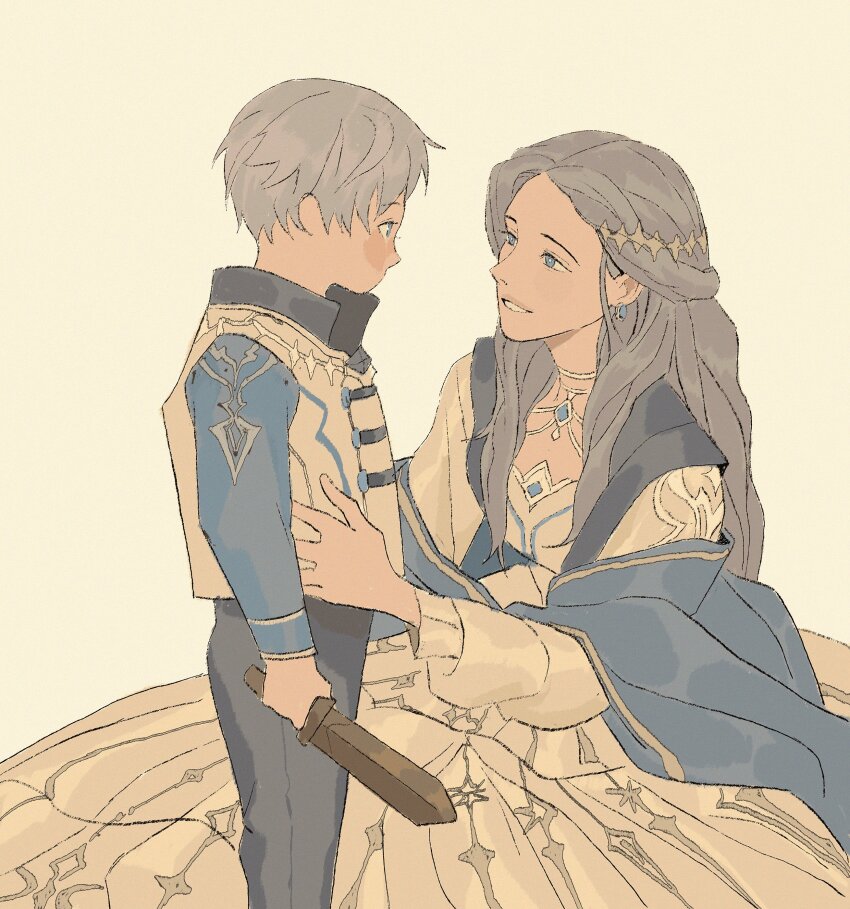 1boy, 1girl, absurdres, black_pants, blue_gem, blue_shawl, blue_shirt, child, dress, earrings, gem, grey_hair, highres, holding, holding_toy, jewelry, ladxena, long_dress, long_hair, looking_at_another, love_and_deepspace, mother_and_child, mother_and_son, pants, parent_and_child, parted_bangs, parted_lips, shawl, shirt, short_hair, smile, toy, toy_sword, vest, white_dress, white_vest, xavier_(love_and_deepspace)