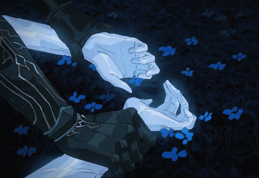 1boy, 1girl, armored_gloves, black_gloves, blue_flower, couple, field, flower