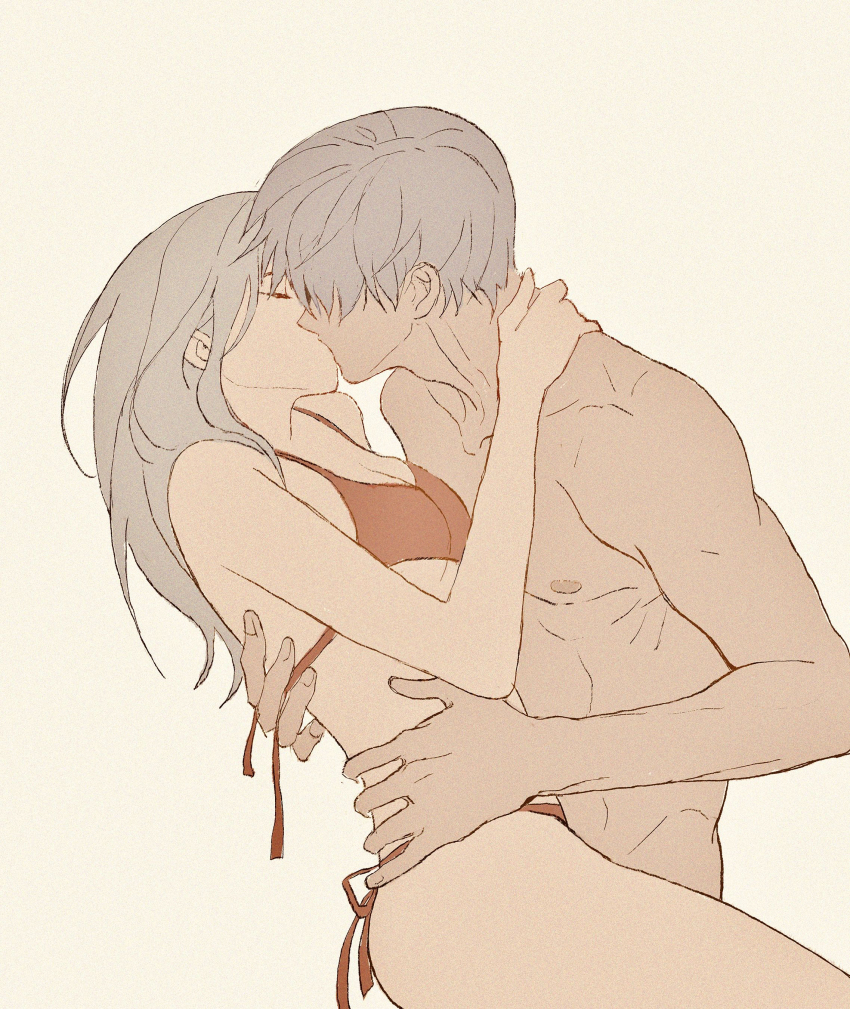 1boy, 1girl, absurdres, arm_around_another's_back, bikini, blonde_hair, breasts, cleavage