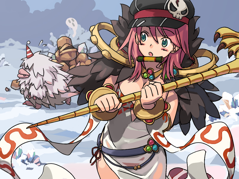 1girl, belt, black_hat, blue_belt, blush, bradium_golem, breasts, commentary_request, cowboy_shot, crystal, detached_sleeves, dress, fur_collar, golem, green_eyes, hat, hat_ornament, holding, holding_staff, long_hair, looking_back, medium_breasts, meranie, monster, newsboy_cap, open_mouth, outdoors, ragnarok_online, skull_hat_ornament, sleeveless, sleeveless_dress, snow, solo, sorcerer_(ragnarok_online), staff, tatacho, white_dress, white_sleeves