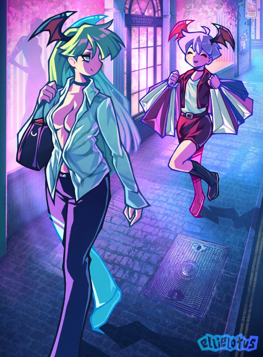 2girls, ahoge, aqua_shirt, artist_name, bag, black_boots, black_choker, black_pants, blunt_bangs, boots, breasts, choker, cleavage, closed_eyes, closed_mouth, collared_shirt, darkstalkers, demon_girl, demon_wings, ellie_lotus, green_hair, hair_between_eyes, head_wings, highres, jacket, lilith_(darkstalkers), long_hair, looking_at_another, medium_breasts, midriff_peek, morrigan_aensland, multiple_girls, pants, parted_lips, purple_hair, red_jacket, red_skirt, shirt, shopping, shopping_bag, short_hair, shoulder_bag, sidewalk, skirt, smile, walking, white_shirt, wings