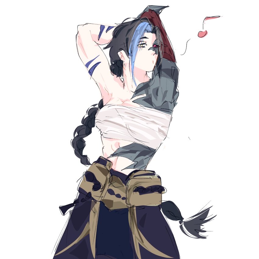 1girl, 25teibewa, armpits, black_hair, chest_sarashi, genderswap, genderswap_(mtf), highres, kayn_(league_of_legends), league_of_legends, long_hair, looking_at_viewer, multicolored_hair, musical_note, presenting_armpit, sarashi, solo, solo_focus, streaked_hair, white_background