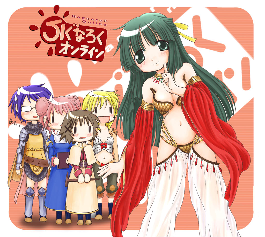 2000s_(style), 5girls, :d, acolyte_(ragnarok_online), acolyte_(ragnarok_online)_(cosplay), armor, armored_skirt, bikini, black_shorts, blonde_hair, blue_dress, blush, book, bow, bow_bra, bra, breastplate, breasts, brown_cape, brown_capelet, brown_hair, brown_jacket, brown_skirt, cape, capelet, cleavage, closed_mouth, commentary_request, cosplay, cross, cross_necklace, detached_sleeves, double_bun, dress, full_body, gauntlets, gem, glasses, gold_necklace, green_eyes, green_hair, gypsy_(ragnarok_online), gypsy_(ragnarok_online)_(cosplay), hair_bun, hair_ornament, harem_pants, hidamari_sketch, hiro_(hidamari_sketch), holding, holding_book, holding_staff, jacket, jewelry, juliet_sleeves, kahis_(sweetbriar), knight_(ragnarok_online), knight_(ragnarok_online)_(cosplay), long_hair, long_sleeves, looking_at_viewer, medium_breasts, miyako_(hidamari_sketch), multiple_girls, navel, necklace, open_mouth, pants, pink_hair, priest_(ragnarok_online), priest_(ragnarok_online)_(cosplay), puffy_sleeves, purple_hair, ragnarok_online, red_bow, red_gem, red_shirt, red_sleeves, sae_(hidamari_sketch), see-through_clothes, see-through_pants, shirt, short_hair, shorts, shrug_(clothing), skirt, small_breasts, smile, staff, standing, strapless, strapless_bikini, sweatdrop, swimsuit, thief_(ragnarok_online), thief_(ragnarok_online)_(cosplay), underwear, white_bra, white_pants, x_hair_ornament, yellow_bikini, yoshinoya_(hidamari_sketch), yuno_(hidamari_sketch), |_|