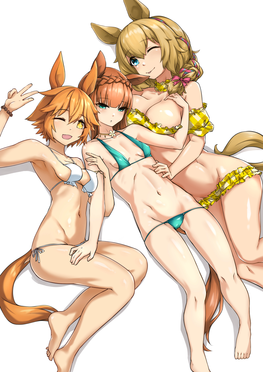 3girls, absurdres, alternate_costume, animal_ears, barefoot, bead_bracelet, beads, bikini, blue_bikini, bracelet, braid, braided_ponytail, breasts, brown_hair, commentary_request, crown_braid, feet, flipped_hair, full_body, hair_between_eyes, highres, horse_ears, horse_girl, horse_tail, jewelry, large_breasts, long_hair, matikanefukukitaru_(umamusume), medium_breasts, multiple_girls, navel, official_alternate_hairstyle, orange_hair, plaid_bikini, plaid_clothes, side-tie_bikini_bottom, silence_suzuka_(emerald_on_the_waves)_(umamusume), silence_suzuka_(umamusume), simple_background, small_breasts, stomach, swimsuit, taiki_shuttle_(bubblegum_memories)_(umamusume), taiki_shuttle_(umamusume), tail, thighs, toes, umamusume, w, white_background, white_bikini, yellow_bikini, yingjian