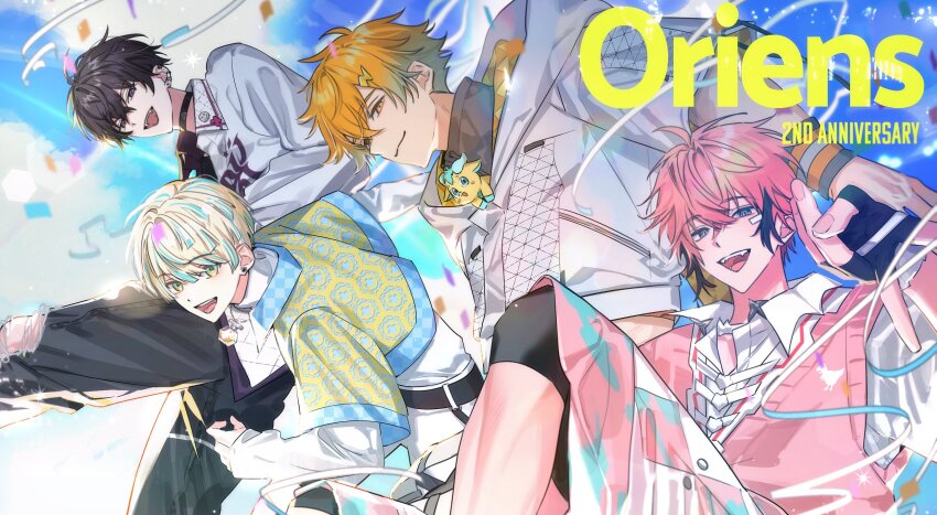 4boys, :d, ahoge, akagi_wen, akagi_wen_(1st_costume), anniversary, antenna_hair, aqua_hair